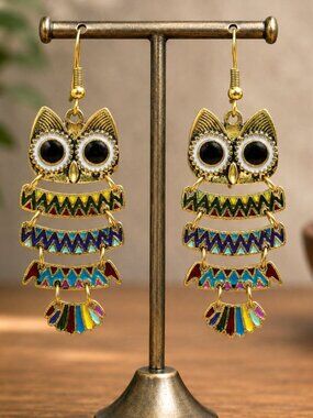 Colorful Enamel Owl Drop Earrings Gold Boho | Boutique
